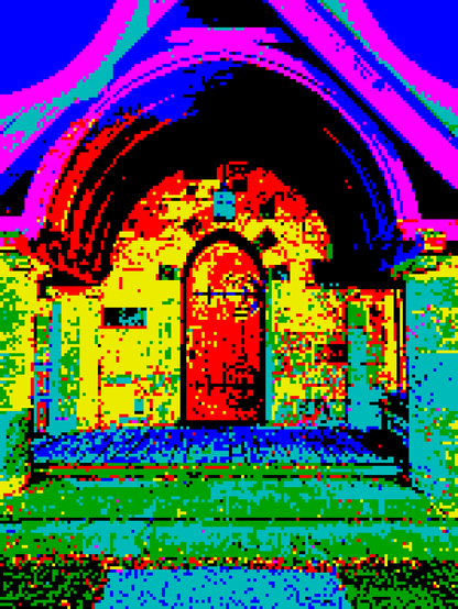 Wooden doorway under an arch on a stone building, pixelated and colored with the six primary colors red, green, blue, cyan, yellow, and magenta as well as black
