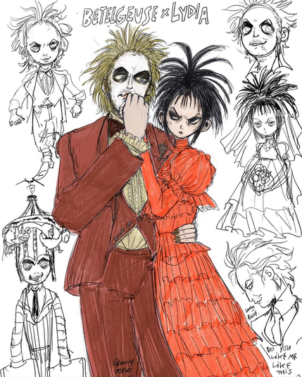 Betelgeuse x Lydia + doodles.
Betelgeuse is kissing Lydia's hand in the main drawing.