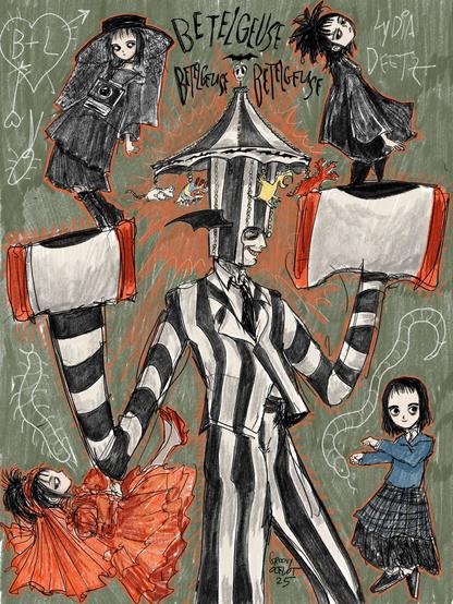 Betelgeuse with his carousel attire, around him, 4 little drawings of Lydia wearing different outfits.