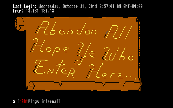 text art of an old scroll with the dante's inferno quote "abandon all hope, ye who enter here" written in a k-rad 2 line ascii art font.
