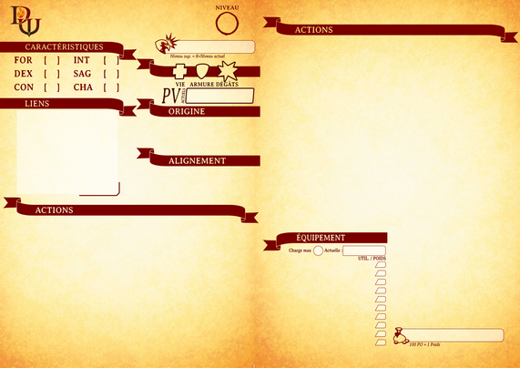 Une feuille de perso épurée pour Dungeon World dans les tons rouges et doré.
A sleek character sheet for Dungeon World in yellow and red tones.