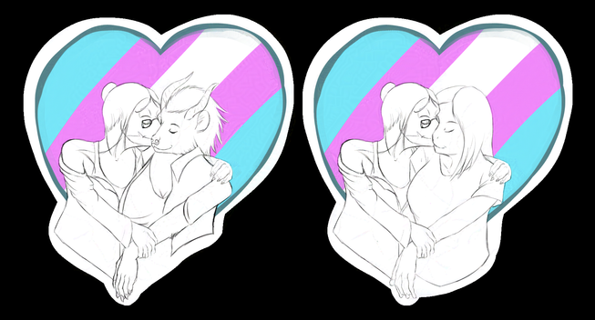 Two stickers featuring an anthro orca embracing and kissing two loves: An anthro hyena and an anthro frog