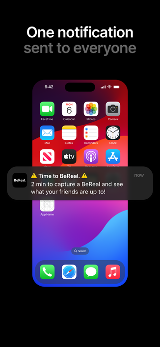a smartphone main screen showing a notification of the app BeReal where it's written: "Time to BeReal: 2 min to capture a BeReal and see what your friends are up to!"