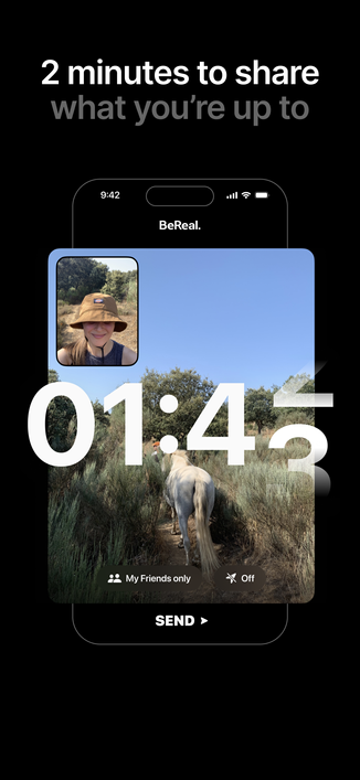 feature of BeReal, showing one image that contains one photo taken with the frontal camera and the back, showing a girl's face and where she was (in the countryside, near a horse)