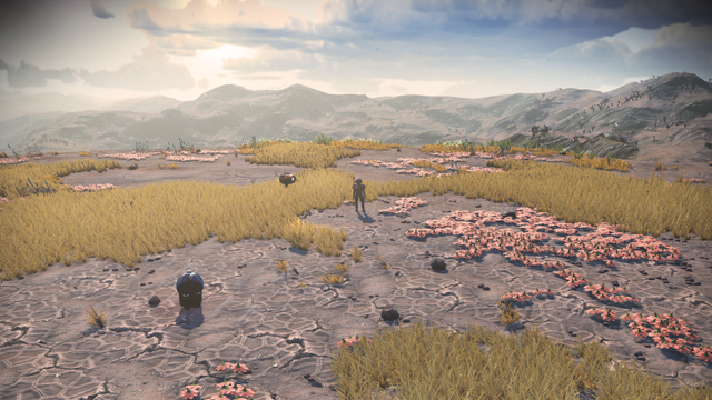 A screenshot of a base computer sitting in a field from the game No Man's Sky