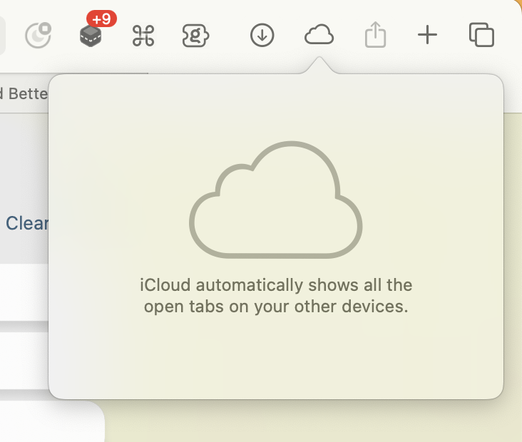 macOS Safari screenshot of the iCloud tabs menu: “iCloud automatically shows all the open tabs on your other devices.”