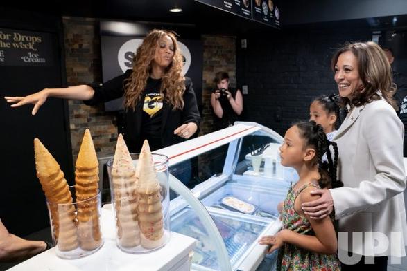 Kamala Harris visits Tyra Bank's Ice Cream parlour in Washington DC.