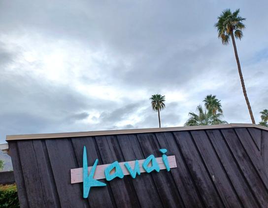 Side of a low slung brown building with the word "KAUAI" in turquoise Polynesian multi-angled thick lettering. Palm trees and a blue sky partially obscured by clouds in the background.