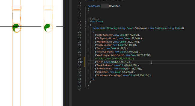 A screenshot of a dev environment in front of a modelling program with pipe of darker orange and much lighter orange on a white background. The dev environment code depicts a list in C# as follows: 
public static Dictionary<string, Color> ColorName = new Dictionary<string, Color>() 
{ 
    {"Light Sadness", new Color(0,170,255) },
    {"Obligatory Brown", new Color(153,64,0) },
    {"Margaritaville", new Color(128,221,0) },
    {"Rusty Spoon", new Color(221,80,0) },
    {"Oscar", new Color(0,128,0) },
    {"Precious Plum", new Color(170,0,255) },
    {"Wedding Mistake Green", new Color(0,221,170) },
    // {"45th", new Color(255,144,032) },
    {"47th", new Color(252,214,163) },
    {"Dark Sadness", new Color(80,80,250) },
    {"Broken Heart", new Color(238,128,238) },
    {"Dog Whiz", new Color(225,225,0) },
    {"Northwest Camoflage", new Color(187,204,204) },
};