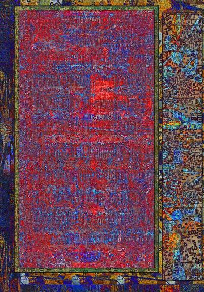 Intense red and aged browns are used with deconstructed text and numbers.