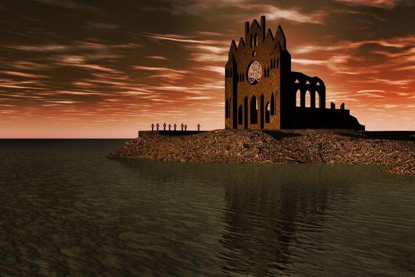 Vor der untergehenden Sonne steht, auf einer vom Meer umgebenen Insel, die Ruine einer gotischen Kathedrale, davor Grabkreuze.

In front of the setting sun, on an island surrounded by the sea, are the ruins of a Gothic cathedral, with grave crosses in front of it.