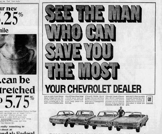 Black-and-white reproduction of a newspaper ad with the headline, “SEE THE MAN WHO CAN SAVE YOU THE MOST: YOUR CHEVROLET DEALER” and some ad copy above a photograph of four cars.