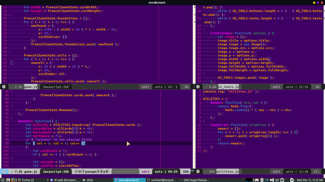My emacs theme is a dark purple background, text is magenta, blue, pink, and orange. I also have whitespace markers but they're very faint, and a 80 col line drawn.