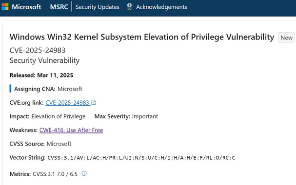Screenshot of CVE-2025-24983: Windows Win32 Kernel Subsystem Elevation of Privilege Vulnerability - Security Vulnerability web page published by MSRC.