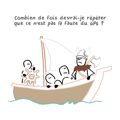 Illustration d'un petit navire à voile sur lequel une personne tient le gouvernail et deux regardent leur capitaine à l'avant du bateau, un viking mécontent.