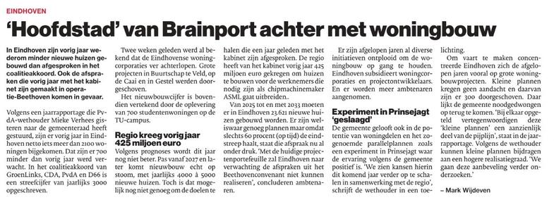 Artikel waarin beschreven dat de woningbouw in Eindhoven achter blijft bij de planning. Wel komt er extra woonruimte door alternatieven zoals woningsplitsing.