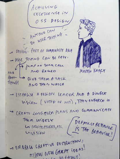 Sketchnote of the talk Achieving excellence in open source software design by Martin Kleary at FOSS Backstage Design Day