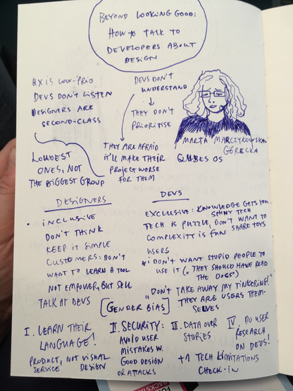 Sketchnote of the talk How to talk to developers about design by Marta Marczykowska-Górecka at FOSS Backstage Design Day
