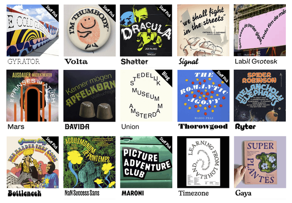 A 5×3 grid with thumbnail images from fontinuse.com, showing fifteen projects that are tagged with “type on a curve”