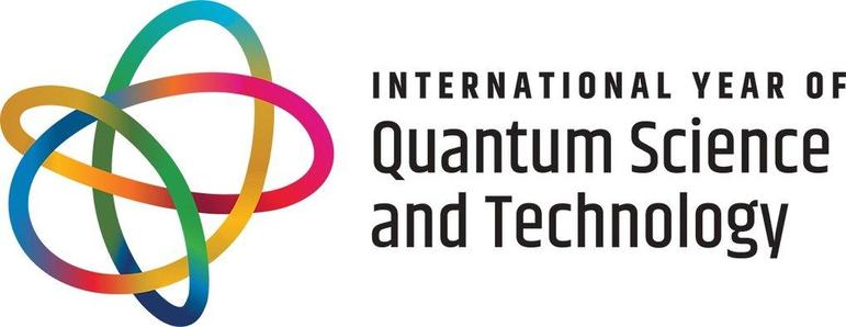 Logo of the International Year of Quantum Science and Technology. On a white background on the right, there's the writing “International Year of Quantum Science and Technology”, on the left is a line forming a closed loop which changes color multiple times along its length.