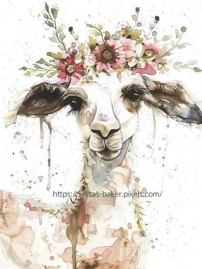 An art print of a cute llama with a flower crown of pink whimsical flowers. Art by Lisa S Baker.