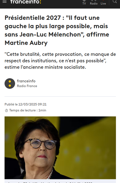 Capture d'écran site de presse 

 Présidentielle 2027 : "Il faut une gauche la plus large possible, mais sans Jean-Luc Mélenchon", affirme Martine Aubry
"Cette brutalité, cette provocation, ce manque de respect des institutions, ce n'est pas possible", estime l'ancienne ministre socialiste.