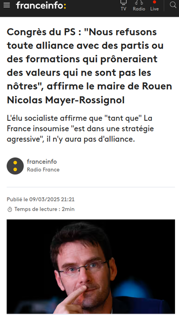 Congrès du PS : "Nous refusons toute alliance avec des partis ou des formations qui prôneraient des valeurs qui ne sont pas les nôtres", affirme le maire de Rouen Nicolas Mayer-Rossignol
L'élu socialiste affirme que "tant que" La France insoumise "est dans une stratégie agressive", il n'y aura pas d'alliance.