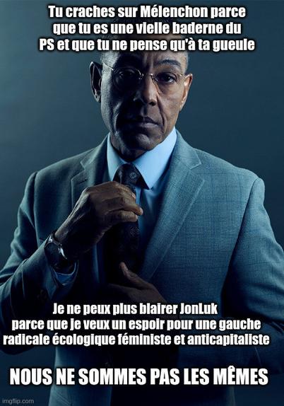 meme : we are not the same 

Texte : 
Tu craches sur Mélenchon parce que tu es une vielle baderne du PS et que tu ne pense qu'à ta gueule

Je ne peux plus blairer JonLuk parce que je veux un espoir pour une gauche radicale écologique féministe et anticapitaliste

Nous ne sommes pas les mêmes.