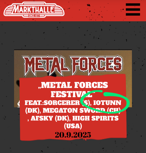 Screenshot: Ankündigung der Markthalle, Hamburg: 20.09.2025, Metal Forces Festival. 
Grün eingekreist der Bandname Iotunn