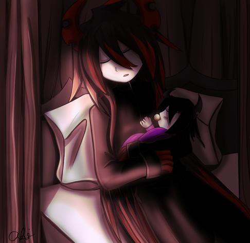 Ivlis sleeping with baby Licorice in his arms. The lighting is dim.