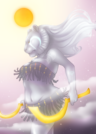 lion headed goddess wielding golden blades