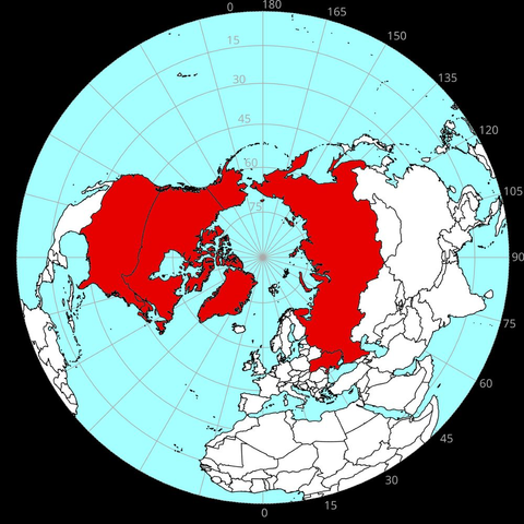 Top down perspective of the arctic circle.
Russia, USA, Canada, Greenland & Ukraine are all shaded in red.