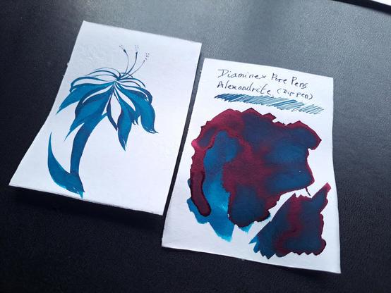 Swatch for Diamine X Pure Pens Alexandrite fountain pen ink. Done on Goldline watercolour paper.

It's a dark teal ink with a deep red sheen.