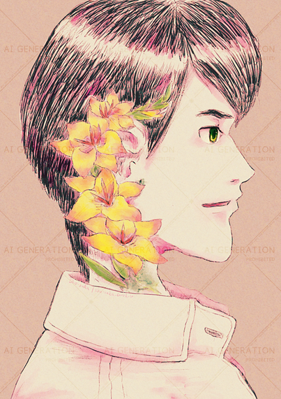A minimally-doodle face side portrait of a short-haired man with a green eye; a gladiolus flower with yellow-with-red-tip petals and red-with-yellow-tip stems is embedded from neck to ear