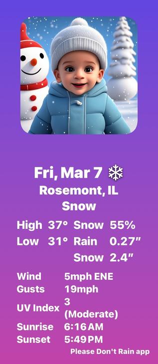 A shared forecast for Rosemont IL that includes an cartoon image of young child smiling.