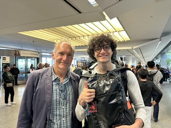The photo Mark Graham shot of me and Tim Berners-Lee as soon as I arrived at the airport. In front of the bag I am holding you can see the patch I wrote about in the post.