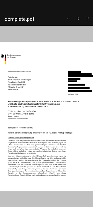 Brief des Bundesfinanzministeriums ans Bundestagspräsidentin zur Kleinen Anfrage der CDU