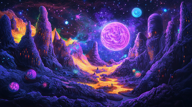 Inferno Cosmique
Un paysage extraterrestre où des rivières de lave dorée serpentent entre des montagnes luminescentes sous un ciel infusé d’étoiles et de planètes incandescentes. Une vision hallucinée d’un autre monde, vibrant au rythme d’une énergie cosmique.
An extraterrestrial landscape where golden lava rivers wind through luminescent mountains beneath a sky infused with stars and glowing planets. A hallucinatory vision of another world, pulsing with cosmic energy.