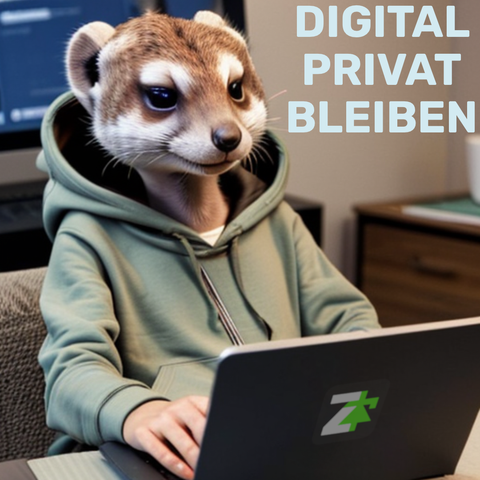 Erdmännchen im Hoodie sitzt an einem Laptop mit einem z-Labor Logo. Digital privat bleiben steht geschrieben (erstellt mit stable diffusion)