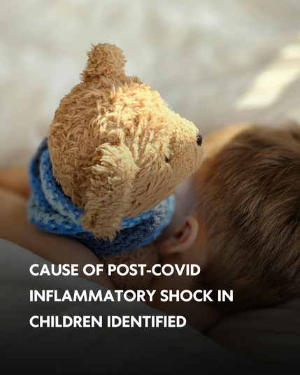 Child in bed (from behind), cuddling with a teddy bear. Text: "Cause of post-COVID inflammatory schock in children identified" © Charité