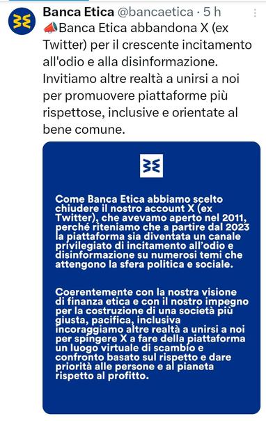 Captura de pantalla on Banca Etica explica, en italià, que abandona l'antiga Twitter.
