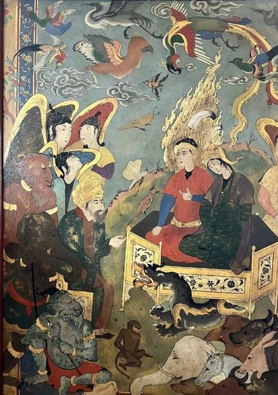 Miniature persane: Le roi Salomon et la Reine de Saba assis ensemble sur un même trône, entourés d'anges et d'animaux, survolés par les oiseaux.