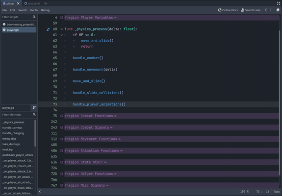 Screenshot of Godot showing the player script organized into collapsed code regions