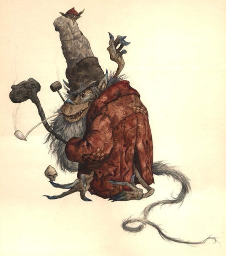 A grinning far darrig with his red coat and long tail. Illustration by Brian Froud.