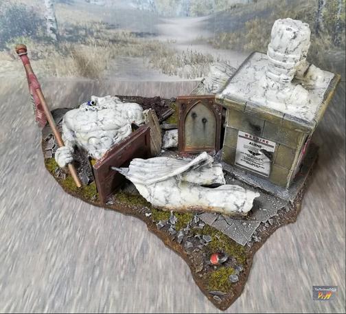 High angle photo of outside the barricade of the fallen statue terrain piece.