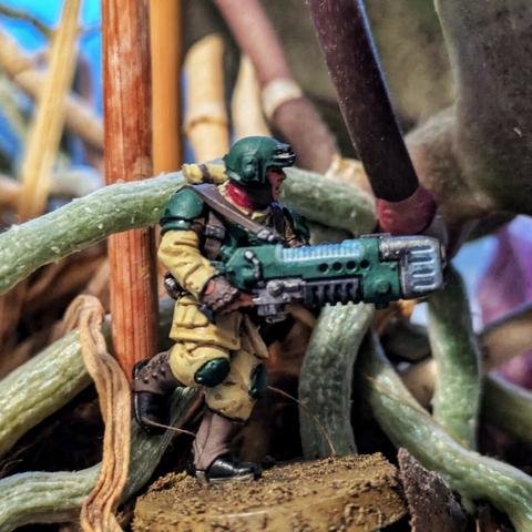 Miniaturka przedstawia żołnierza z Cadian 8th Shock Troops w dynamicznej pozycji kroku. Figurka ma zielony hełm, beżowy mundur z detalami w postaci ochraniaczy na kolanach i rękach, oraz ciemne buty. Żołnierz trzyma karabin plazmowy w kolorze zielonym z metalicznymi akcentami. Tło to naturalne elementy przypominające korzenie lub roślinność.