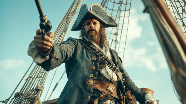 Sang et Pillage
Un capitaine pirate imposant se tient sur le pont de son navire, pistolet au poing, le regard défiant l’horizon. Son manteau usé par les tempêtes et ses décorations d’or racontent une vie de pillages, de batailles et de conquêtes en haute mer.
A formidable pirate captain stands on the deck of his ship, pistol in hand, his gaze defying the horizon. His storm-worn coat and golden ornaments tell the tale of a life filled with plunder, battles, and conquests on the high seas.