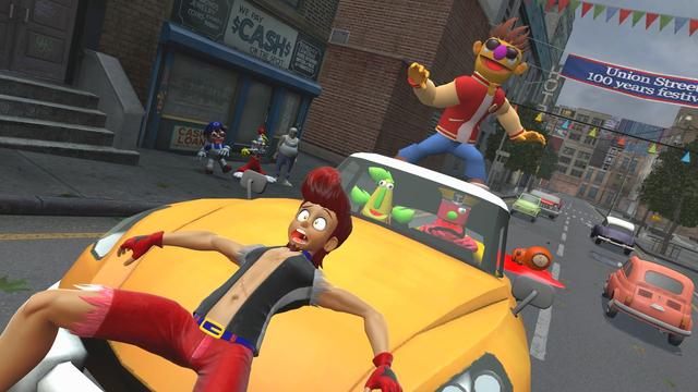 Brody is screaming for his life as the yellow cab driven by George is dragging him. Junebug can be seen in the passenger seat while Norman is riding on top of the cab. Kenny is seen on the road suffering from fatal injuries thanks to George's reckless driving. SMG4, Roger Rabbit, and Carl react to the carnage.