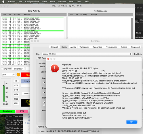 A Mac screenshot shows a half dozen open windows, including a WSJ-TX window showing FT8 Rx on 20m, and in the foreground is a rig CAT control error message.