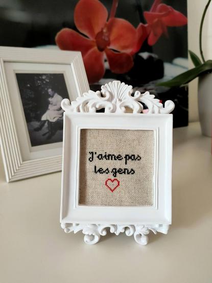 Point de croix "J'aime pas les gens" fait par mes petites mains et mis dans un cadre